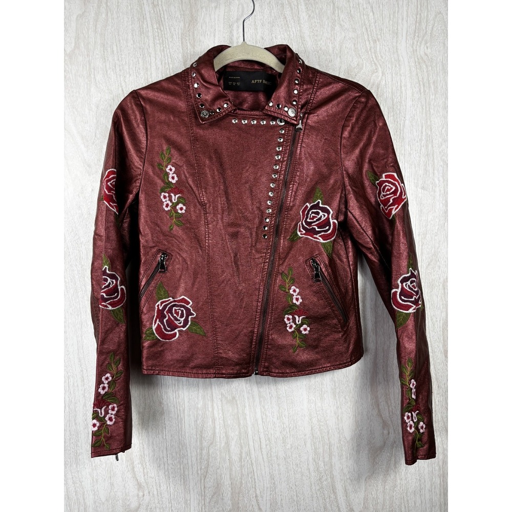 AFTF Moto Jacket Womens M Faux Leather Studded‎ Rose Embroidered Biker Floral